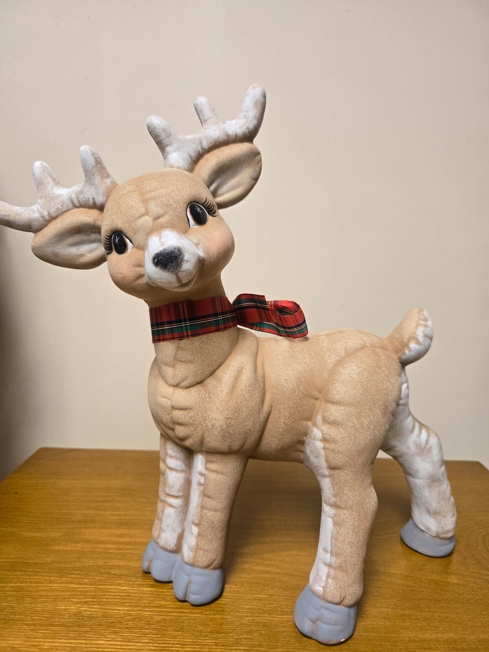 Ceramic Tan Deer with Red Plaid Bow